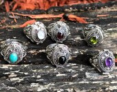 Ornate Sterling Silver Garnet -Amethyst-Peridot-Onyx-Moonstone-Turquoise Poison, Potion, Stash Ring