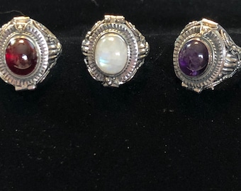 Ornate Sterling Silver Garnet -Amethyst-Peridot-Onyx-Moonstone-Turquoise Poison, Potion, Stash Ring