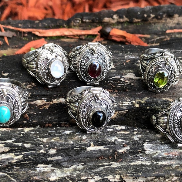 Ornate Sterling Silver Garnet -Amethyst-Peridot-Onyx-Moonstone-Turquoise Poison, Potion, Stash Ring