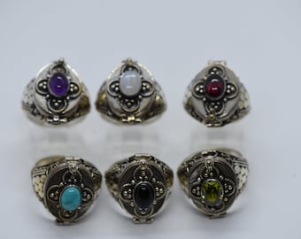 Ornate Sterling Silver Garnet -Amethyst-Peridot-Onyx-Moonstone-Turquoise Poison, Potion, Stash Ring