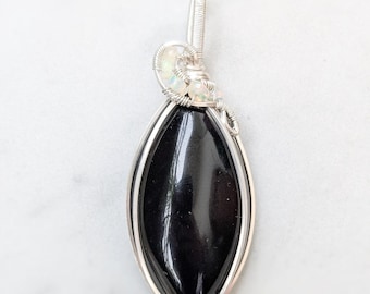 Obsidian und Welo Opal Anhänger 925 Silber, Welo Opal Schmuck Massiv Silber, Obsidian Silber Halskette