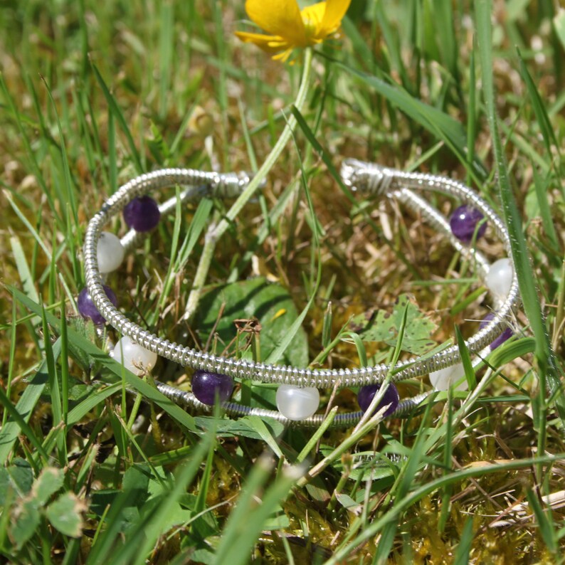 personalized custom bangle bracelet crystal healing gemstone beads Moonstone and Amethyste cuffed adjustable bracelet