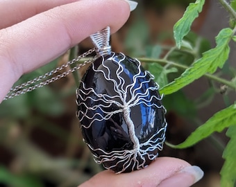 Obsidian Tree of Life Pendant, Obsidian Silver Jewelry, Sterling Silver Tree of Life Jewelry, Rainbow Obsidian Necklace