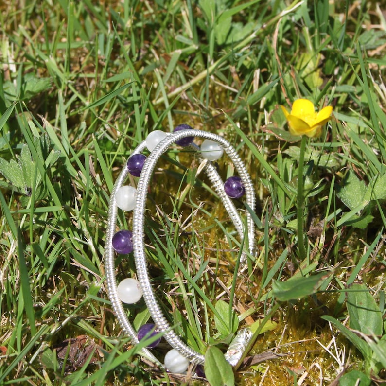 personalized custom bangle bracelet crystal healing gemstone beads Moonstone and Amethyste cuffed adjustable bracelet