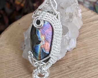 Purple Labradorite Necklace, Sterling Silver Pendant, Labradorite Pendant, Silver Wire Wrapped Jewelry, Purple Labradorite, Norse Jewelry
