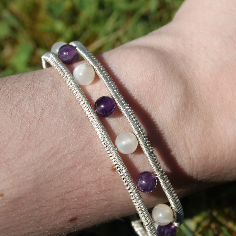 personalized custom bangle bracelet crystal healing gemstone beads Moonstone and Amethyste cuffed adjustable bracelet