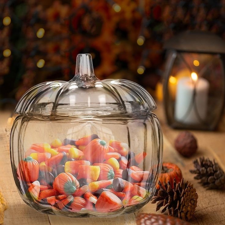 Pumpkin decorative clear glass candy jar with led with 2 sizes 240 & 750 ml