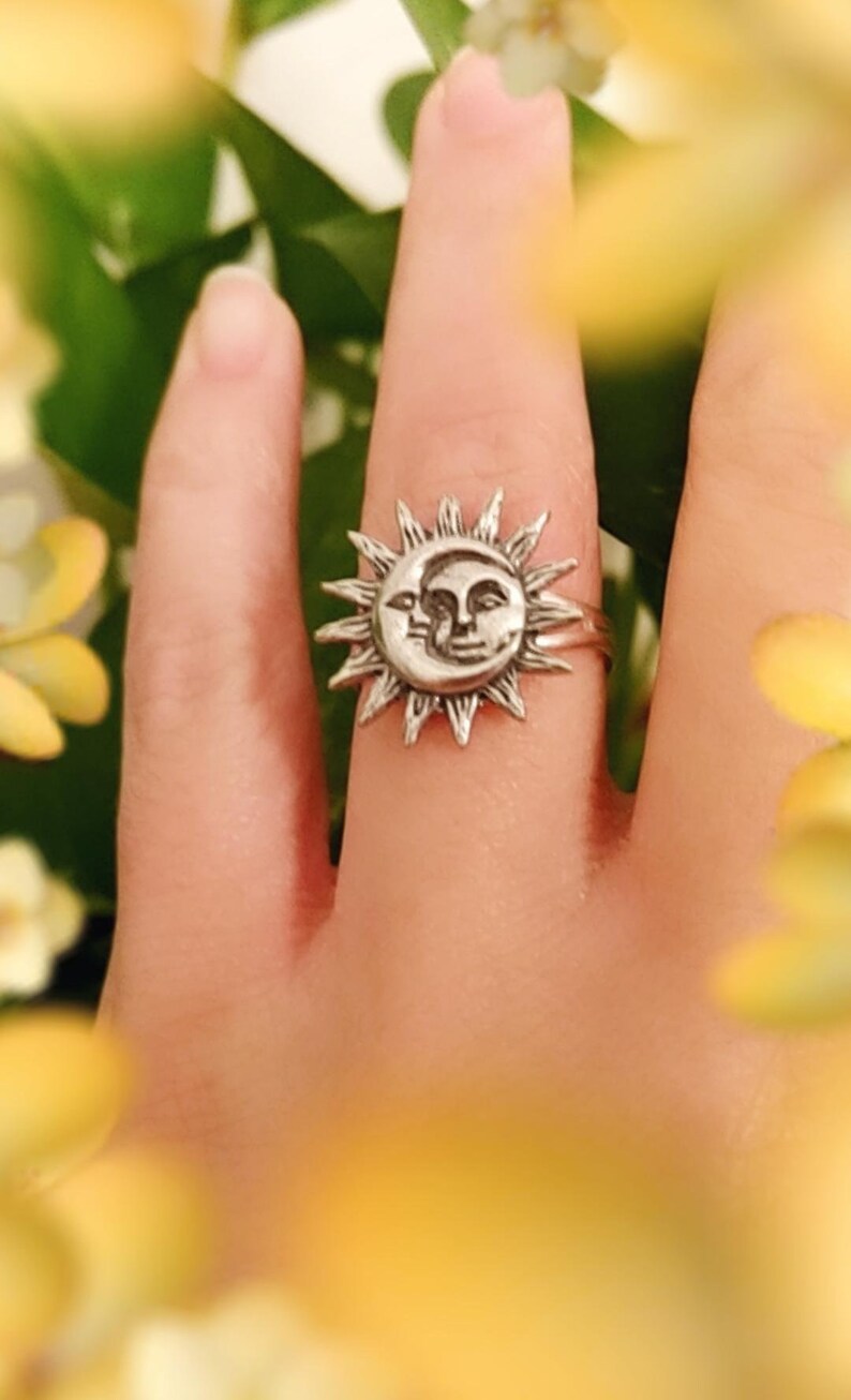 Space Buff Geek Ring Silver Plated Adjustable Ring Friendship Rings Space Ring Sunny Bohemian Beach Jewelry Celestial Sun /& Moon Ring