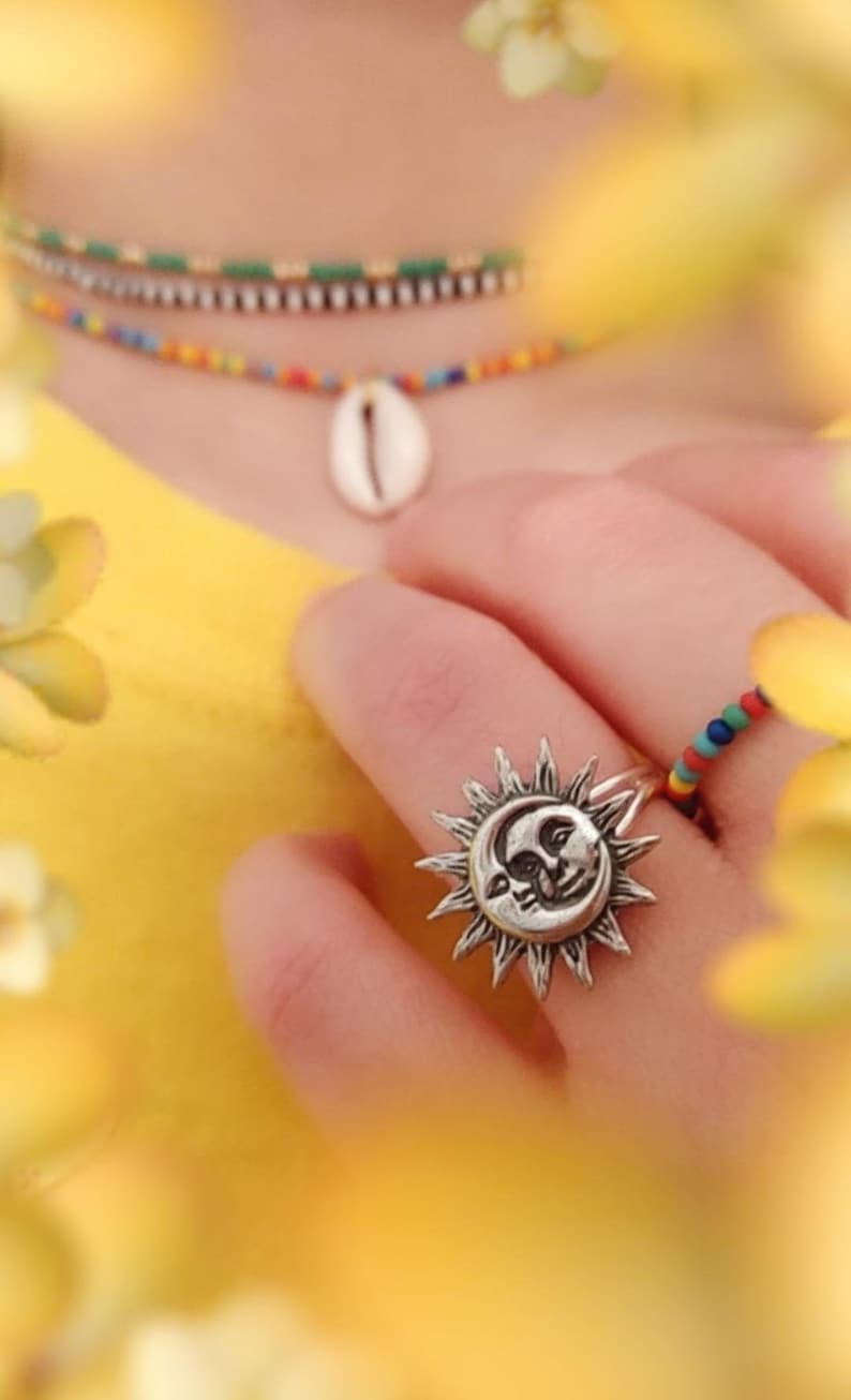 Space Buff Geek Ring Silver Plated Adjustable Ring Friendship Rings Space Ring Sunny Bohemian Beach Jewelry Celestial Sun /& Moon Ring