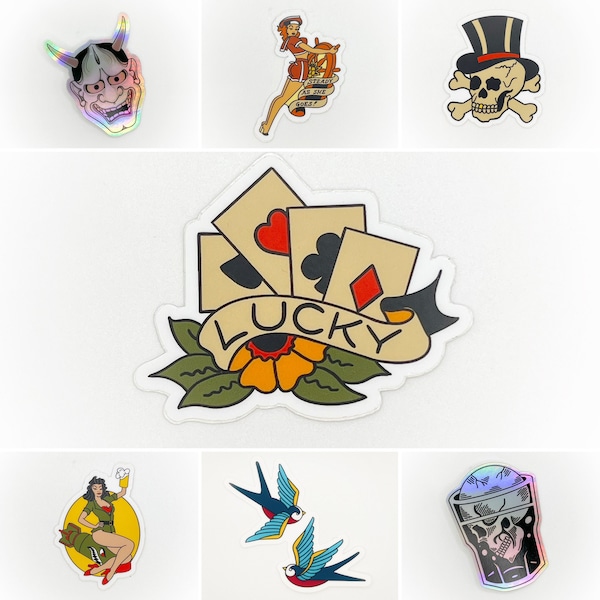 Stickers - Traditional Tattoo Style - Sparrows Sailor Jerry Demon Holographic Lucky Mr.Lucky Pin Up Girl Bomber Sailor Classic Logo Disney