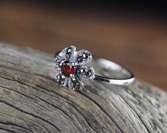 jents Jewelry Good Item Gift for Girlfriend Bohemian 925 Sterling Silver Red Garnet Lucky Gemstone Ring Lucky Gemstone Round Faceted Garnet Ring