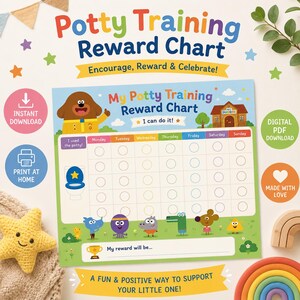 May include: A rectangular potty training reward chart featuring Hey Duggee characters, a weekly grid with circular spaces for stickers, and a section for a reward goal. The chart includes the text My Potty Training Reward Chart and I can do it.