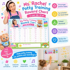 May include: A Ms. Rachel themed potty training reward chart featuring a grid for days of the week and numbered rows. The chart includes colorful graphics of a teddy bear, a rainbow, and the text My Potty Training Reward Chart I can do it.