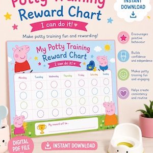 Peppa Pig-tema potträningsschema för småbarn, veckovis belöningsspårare (digital nedladdning)