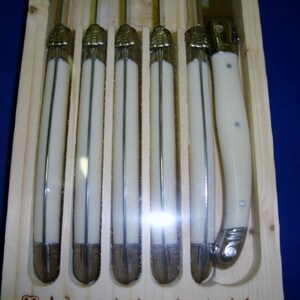 Set of 6 authentic French Jean Dubost Laguiole steak knives ivory/ off white color Authenticity Certificate, brand new