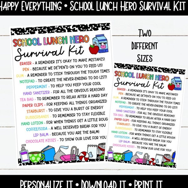 NOT EDITABLE School Lunch Hero Survival Kit Printable, Digital Download