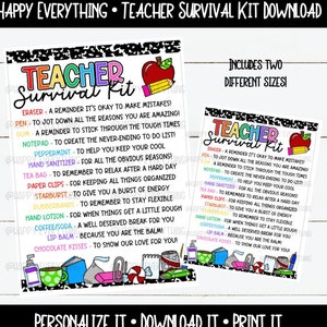 Updated Teacher Survival Kit Printable, Digital Download