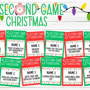 Puede incluir: Nueve tarjetas verdes y rojas con texto blanco. Cada tarjeta tiene el título "5 Second Game Thanksgiving" y una indicación para un juego de "Nombra 3" con temática navideña. Las tarjetas están dispuestas en tres filas de tres tarjetas.
