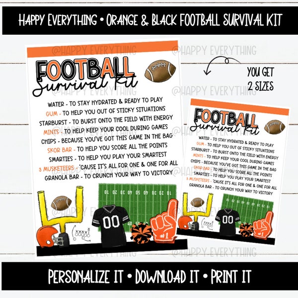 Orange & Black Football Survival Kit Printable, Instant Digital Download