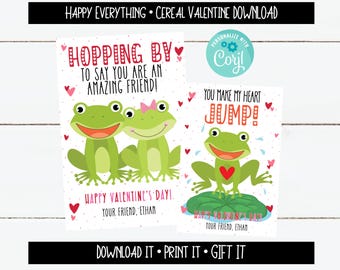 Peut inclure: Deux cartes de Saint-Valentin imprimables représentant des grenouilles. La première carte dit "Hopping by to say you are an amazing friend!" et la deuxième carte dit "You make my heart jump!" Les deux cartes ont un design de cœur rose et le texte "Happy Valentine's Day!"