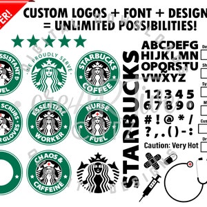 May include: A digital design sheet featuring a variety of Starbucks-inspired logos, fonts, and designs. The logos feature a green background with a white mermaid and the text "Starbucks Coffee". The fonts include the alphabet, numbers, and symbols. The designs include a variety of nurse-themed graphics, such as a stethoscope, a bandage, and a syringe.