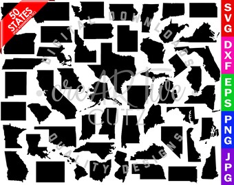 50 States SVG, United States Cut File, 50 Vector States, Clipart, PNG, DXF, Printable, Cricut, Silhouette