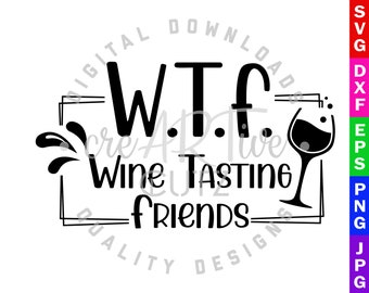 Może przedstawiać: Czarno-biały projekt graficzny z tekstem "WTF Wine Tasting Friends" w kwadratowej ramce z ilustracją kieliszka do wina.