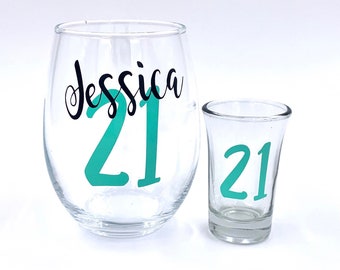 21st Birthday wine and shot glass gift set, 21st birthday gift, Gift for 21st Birthday, Wine glass, Shot glass, 21st Birthday Gifts for her