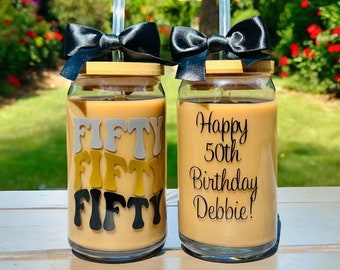 50th Birthday Gifts for Women, 50th Birthday Gift, Gift for 50th Birthday, Retro Birthday Iced Coffee Glass, Fifty Birthday Gift for Her