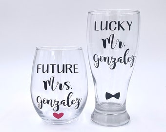 Future Mrs and Lucky Mr wine and beer glass set, Engagement Gift for Couple, Bridal Shower Gifts, Personalized Engagement gifts for couple