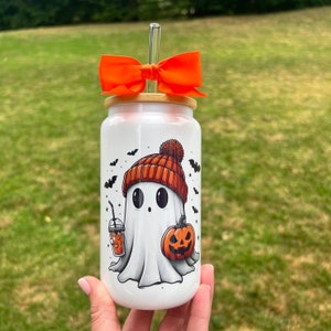 Personalized Halloween Ghost Glass Tumbler, Cute Ghost Coffee Cup, Cute Fall Tumbler, Spooky Season Iced Coffee Glass, Gift For Halloween