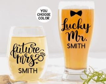 Engagement Gift for Couple, Personalized Engagement Gifts, Future Mrs. and Lucky Mr. Glasses, Just Engaged Gift, Custom Engagement Gifts
