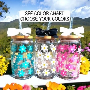 Daisy Glasses, Daisy Glass, Daisy Glass Cup, Retro Flower Cup, Iced Coffee Cup, Iced Coffee Glass, Iced Coffee Cup Boho Wedding, Bridesmaid