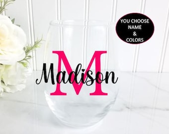 Monogram Initial and Name Stemless Wine Glass, Monogram Gifts for Women, Gifts for Bridal Party, Wedding Favors, Gifts for Friends, BFF