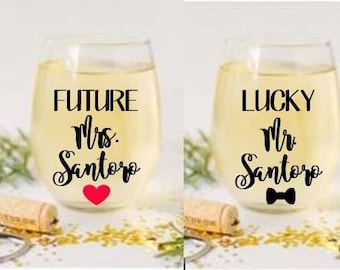 Future Mrs and Lucky Mr wine and beer glass set, Engagement Gift for Couple, Bridal Shower Gifts, Personalized Engagement gifts for couple