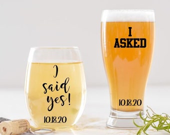 Engagement Gift Set for Couple, I Asked I Said Yes Wine and Beer Glasses, Funny Engagement Gifts for the Couple, Bridal shower gift