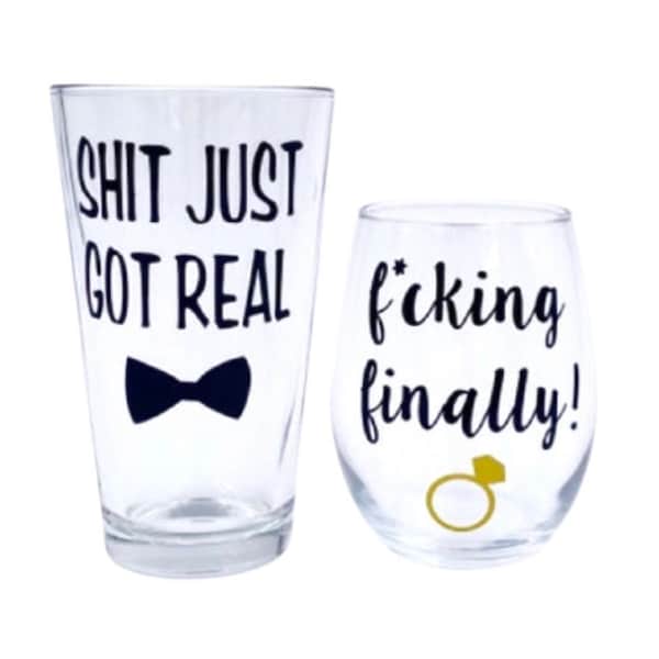 Funny Engagement Wine and Beer glass gift set for couple, engagement gifts for couple, personalized bridal shower gifts,  funny gifts
