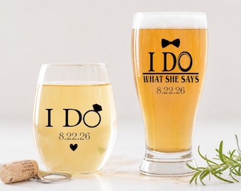Personalized Wedding Gift for Couple, Bride and Groom Gift, I do and I do what she says gift set for just married couple, Funny Wedding Gift