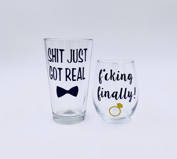 Funny Engagement Wine and Beer Glass Gift Set for Couple