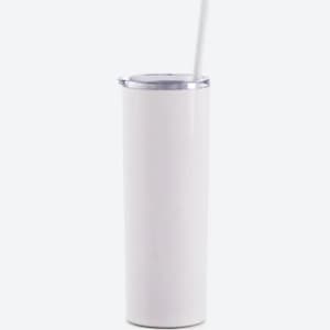 May include: White stainless steel tumbler with a clear lid and a white straw. The tumbler is tall and slender.