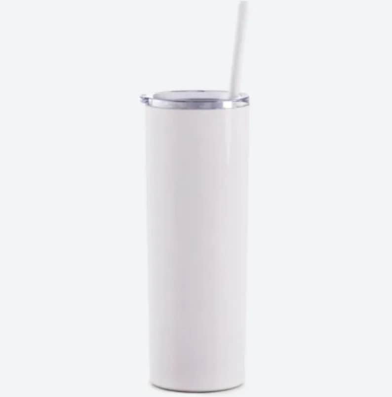May include: White stainless steel tumbler with a clear lid and a white straw. The tumbler is tall and slender.