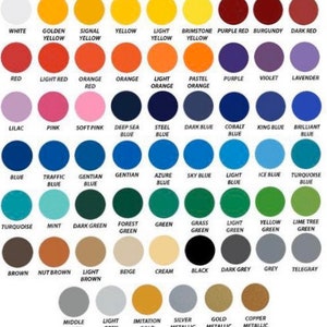 May include: A colour chart with 100 different colours, including white, black, red, blue, green, yellow, orange, purple, brown, and grey. Each colour is represented by a circle with the colour name written below it.