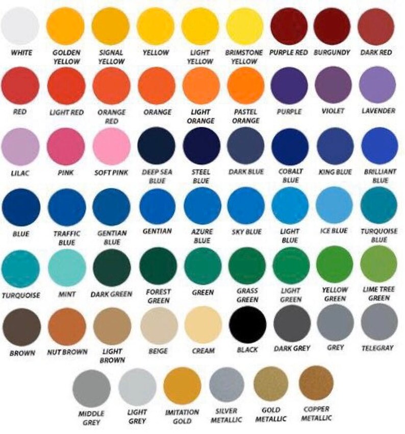 May include: A colour chart with 100 different colours, including white, black, red, blue, green, yellow, orange, purple, brown, and grey. Each colour is represented by a circle with the colour name written below it.
