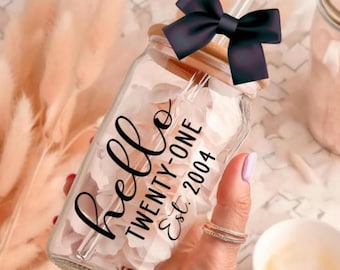 21st Birthday Personalized Glass, 21st Birthday Gifts, Turning 21 Gift, Hello 21 Glass with Established Date, Custom 21st Birthday Gift