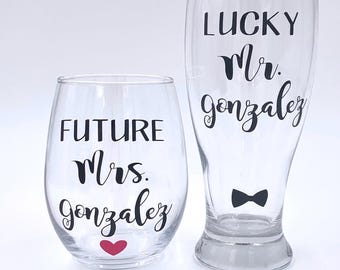Future Mrs and Lucky Mr wine and beer glass set, Engagement Gift for Couple, Bridal Shower Gifts, Personalized Engagement gifts for couple