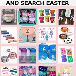 May include: A collage of personalized Easter gifts, including bunny-themed buckets, water bottles, tote bags, and other items. The items are decorated with various names and designs, making them perfect for Easter baskets or gifts.