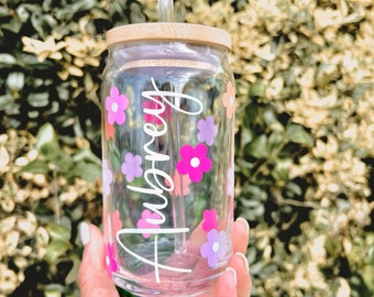 Daisy Cup Iced Coffee Cup Glass, Personalized Gifts for Her, Coffee Mug, Iced Coffee Cup, Iced Coffee Glass, Daisy Coffee Cup,  Coffee Glass