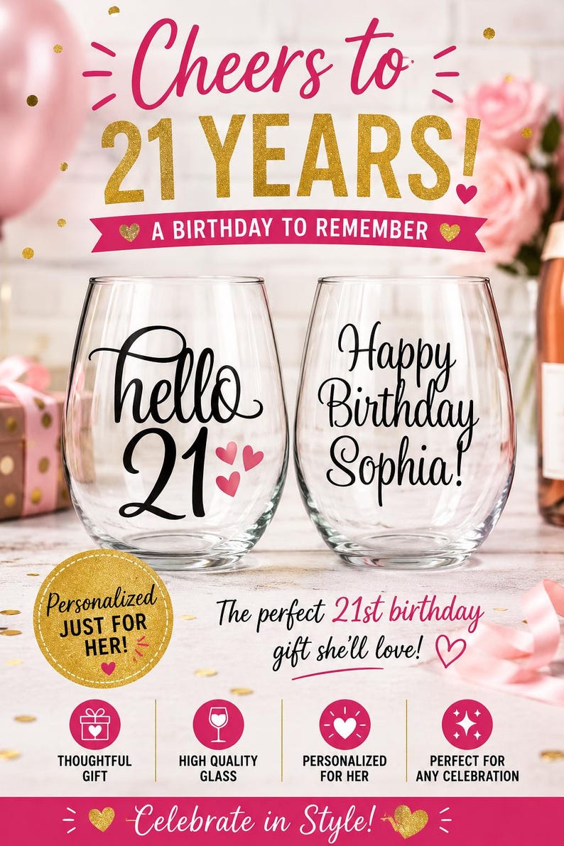 May include: Two stemless wine glasses with black script. One says "hello 21" with pink hearts, the other says "Happy Birthday Sophia!". The image has text that says "Cheers to 21 YEARS!" and "A Birthday to Remember".