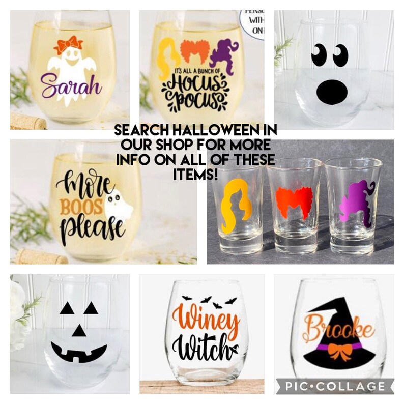 May include: A collection of nine wine glasses and shot glasses decorated with Halloween-themed designs. The glasses feature various designs, including a ghost, a witch, a pumpkin, and the text "Hocus Pocus".