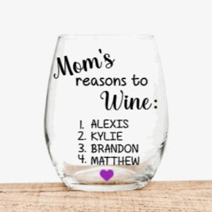 May include: A clear glass wine glass with the text "Mom's reasons to Wine:" and a list of names: Alexis, Kylie, Brandon, and Matthew. A small purple heart is at the bottom of the list.